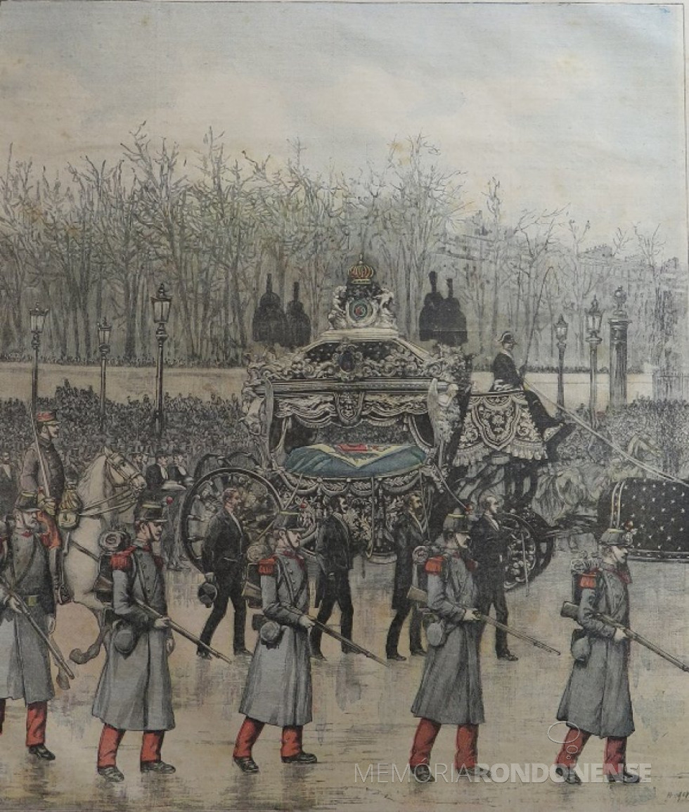 || “Funeral do Imperador do Brasil”. Xilogravura original do suplemento ilustrado de “Le Petit Journal”, publicado em 26 de dezembro de 1891 em Paris, Gravador A.Meyer.
O governo francês realizou o funeral de estado para o imperador sob os protestos dos republicanos brasileiros.
Imagem: Acervo O Papel da Arte - FOTO 4 -