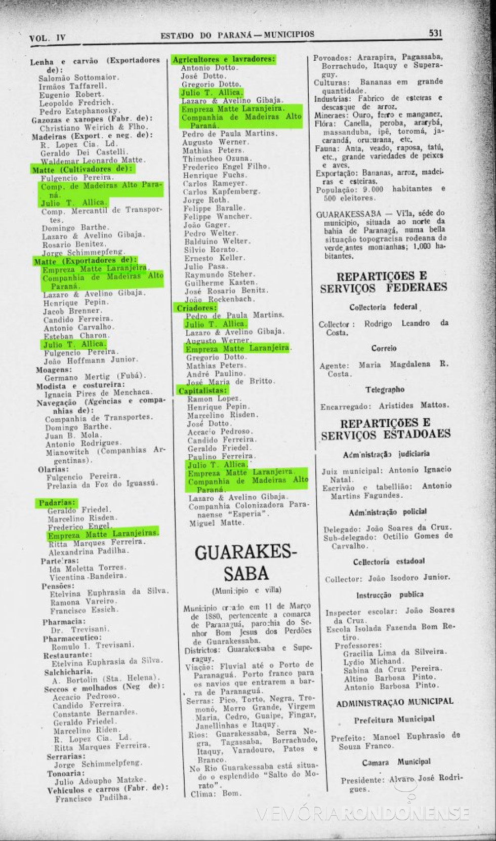 || Página 532 do Almanak Laemmert com a parte final da publicação do Censo 1930 de Foz do Iguaçu.
Imagem: Acervo Biblioteca Nacional - FOTO 5 -