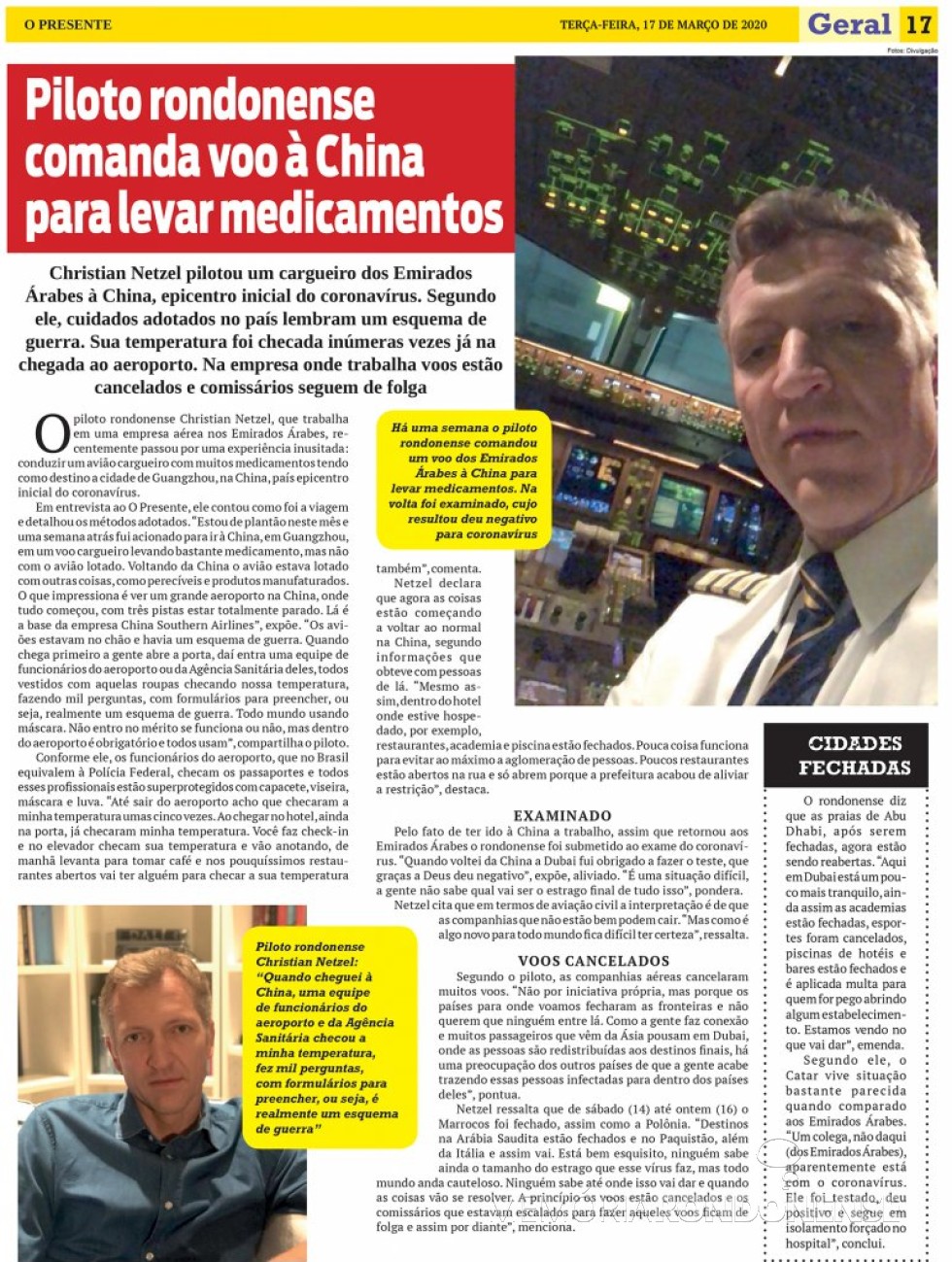 || Recorte do jornal O Presente referindo-se ao piloto rondonense Christian Netzel, em março de 
Imagem: Acervo O Presente - FOTO 23 -