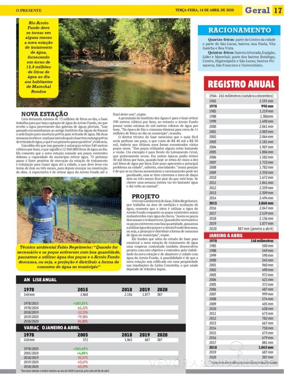 || Destaque (parte final) do jornal O Presente sobre a seca que implica no racionamento da água em Marechal Cândido Rondon. 
Imagem: Acervo O Presente - FOTO 12