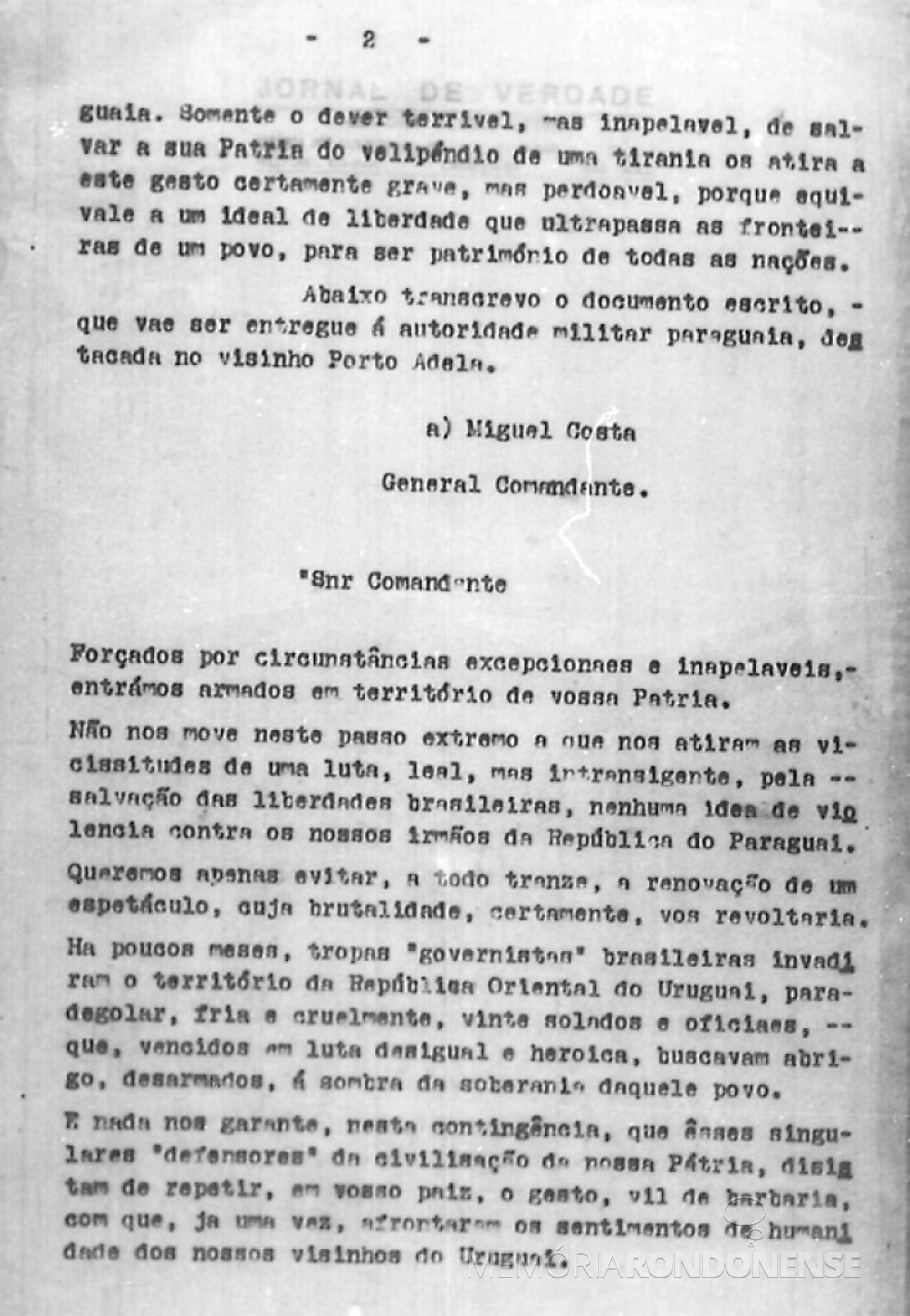 || Segunda página do Boletim nº 7 com o comunicado da entrada da divisão revolucionária  em território  do Paraguai. 
imagem: Acervo Projeto Memória Rondonense - FOTO 7 -