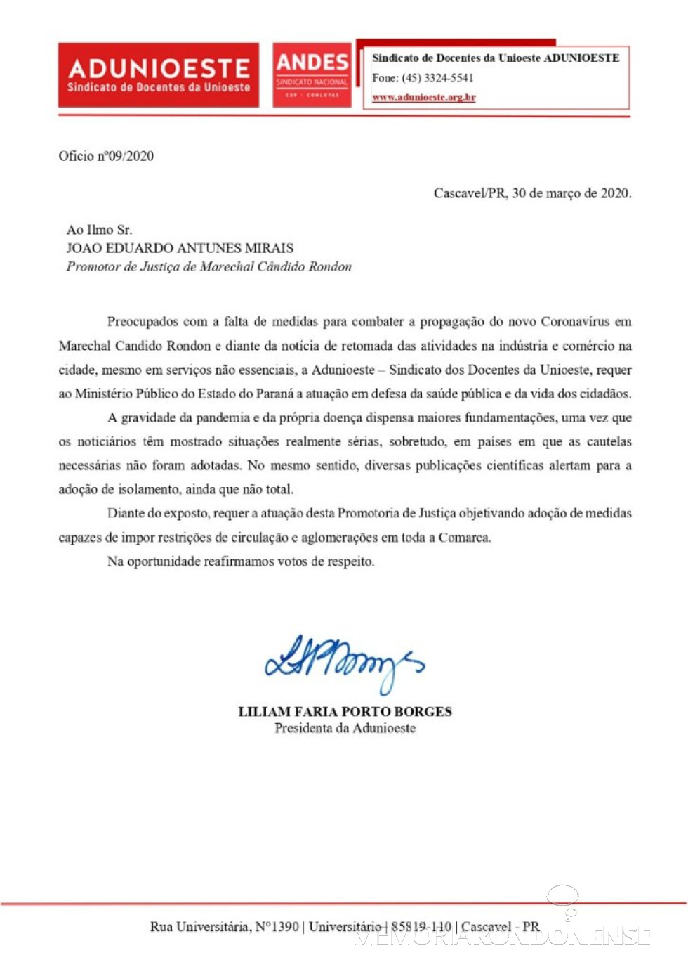 || Requerimento da Adunioeste a Promotoria Pública da comarca de Marechal Cândido Rondon, em março de 2020
Imagem: Acervo Rádio Difusora do Paraná - FOTO 16 -