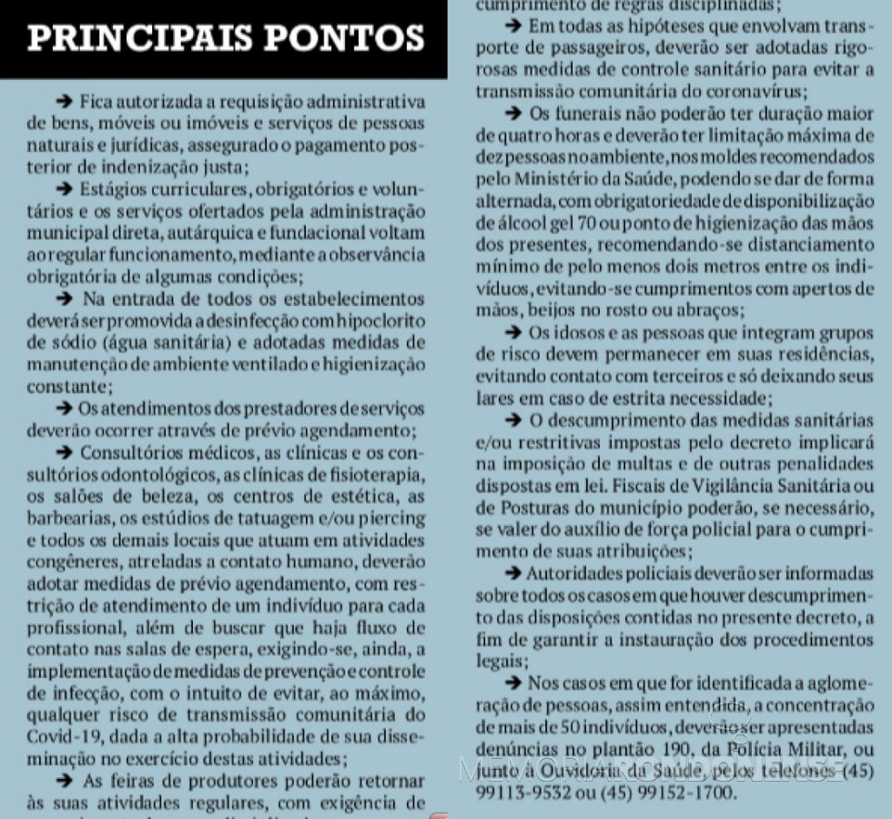 || Recorte do jornal O Presente com os principais pontos do Decreto Municipal nº 088/2020, de Marechal Cândido Rondon.
Imagem: Acervo O Presente - FOTO 20 - 