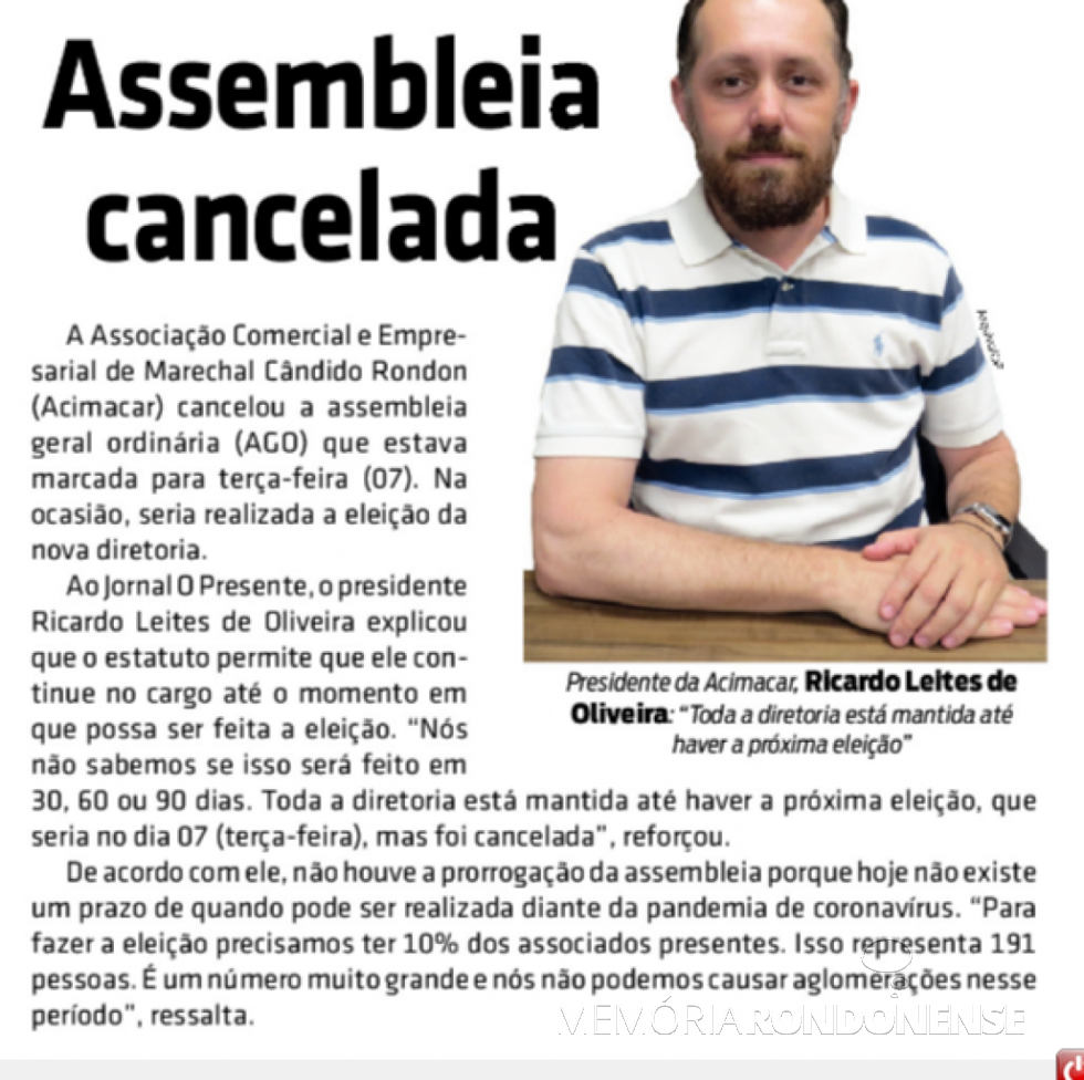 || Nota do jornal O Presente sobre o cancelamento da assembleia geral ordinária da Acimacar, em abril de 2020.
Imagem: Acervo O Presente - FOTO 14 -