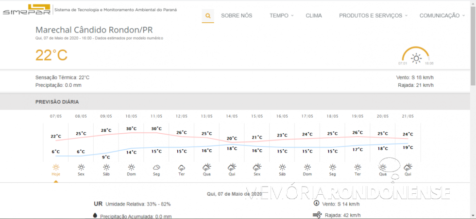 || Amostragem de previsão de temperatura mínima e máxima na cidade de Marechal Cândido Rondon, em 07 de maio de 2020 e dias seguintes
Imagem: Acervo Simepar - FOTO 16 -