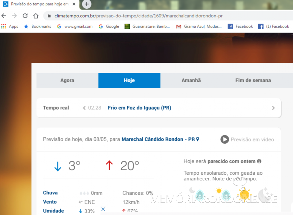 || Print da página da empresa Climatempo com a indicação da temperatura mínima média para o dia 08 de maio de 2020.
Imagem: Acervo Projeto Memória Rondonense - FOTO 11 - 