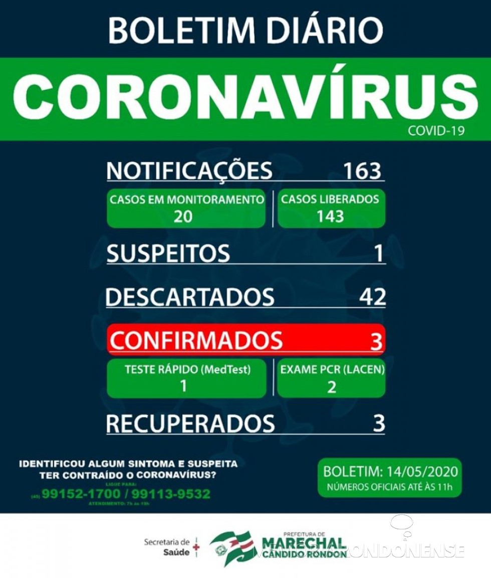 || Boletim da Secretaria de Saúde de Marechal Cândido Rondon com a confirmação da terceira pessoa com  COVID 19. 
Imagem: Acervo Imprensa PM-MCR - FOTO 18 -