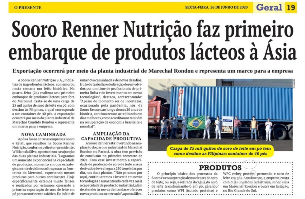 || Reportagem do jornal O Presente destacando o embarque da Sooro para às Filipinas, em junho de 2020.
Imagem: Acervo O Presente - FOTO 29 -