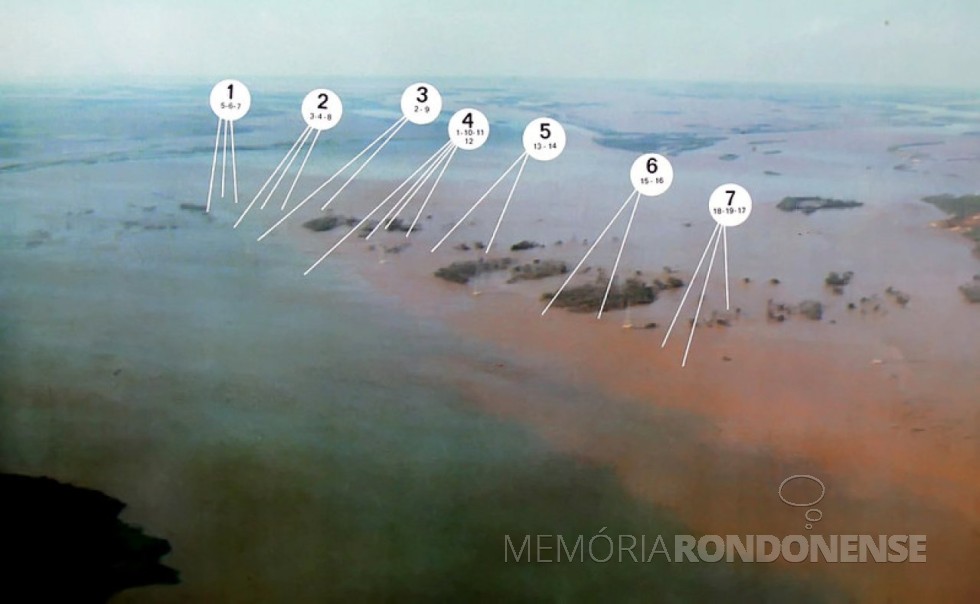 || Vista aérea mostrando  o desaparecimento das Sete Quedas e a localização de cada salto  extinto.
Imagem: Acervo Marcelo Miguel - FOTO 5 - 