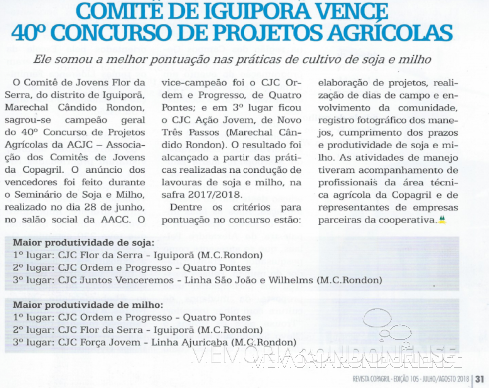 || Destaque da Revista Copagril sobre o 40º Concurso de Projetos Agrícolas da ACJC com as classificações obtidas pelos comitês participantes. Imagem: edição 105 - ano 13 - Jul/Ago 2018 - FOTO 11 - 