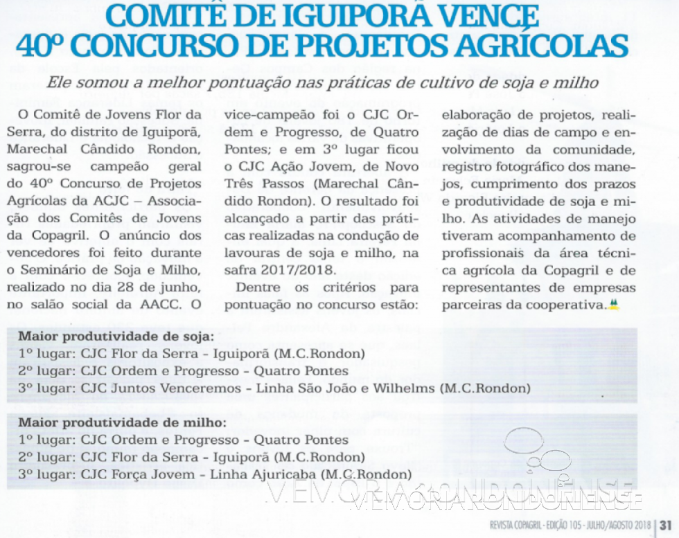 || Destaque da Revista Copagril sobre o 40º Concurso de Projetos Agrícolas da ACJC com as classificações obtidas pelos comitês participantes. Imagem: edição 105 - ano 13 - Jul/Ago 2018 - FOTO 13 -