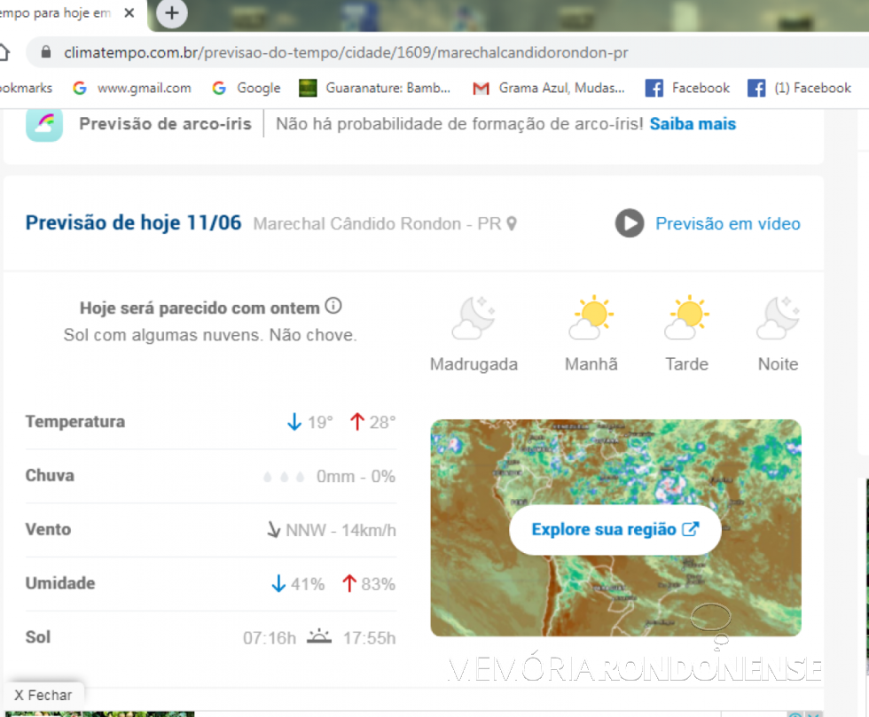 || Amostragem da umidade relativa em Marechal Cândido Rondon, em 11 de junho de 2020.
Imagem: Acervo Climatempo - FOTO 19 -