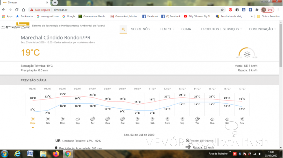 || Box do Serviço Metereológico do Paraná (SIMEPAR), na internet, com a indicação da temperatura mínima média em Marechal Cândido Rondon.
Imagem: Acervo do órgão informado - FOTO 10 -
