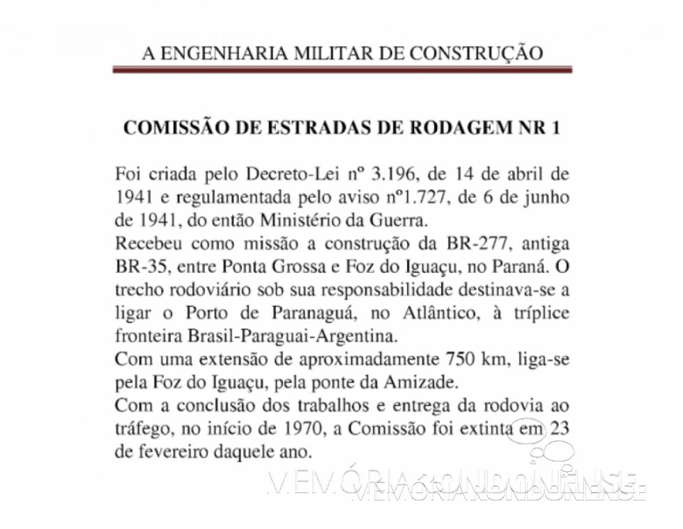 || Cópia da página 251 do livro Engenharia Militar de Construção do Exército, de Emanuel Marcos Cruz e Prado, que se reporta a Comissão de Estradas de Rodagem nº 01, em abril de - FOTO 4 -