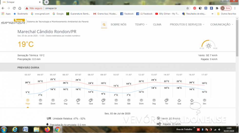 || Box do Serviço Metereológico do Paraná (SIMEPAR), na internet, com a indicação da temperatura mínima média em Marechal Cândido Rondon, em 03 de julho de 2020.
Imagem: Acervo do órgão informado - FOTO 10 -