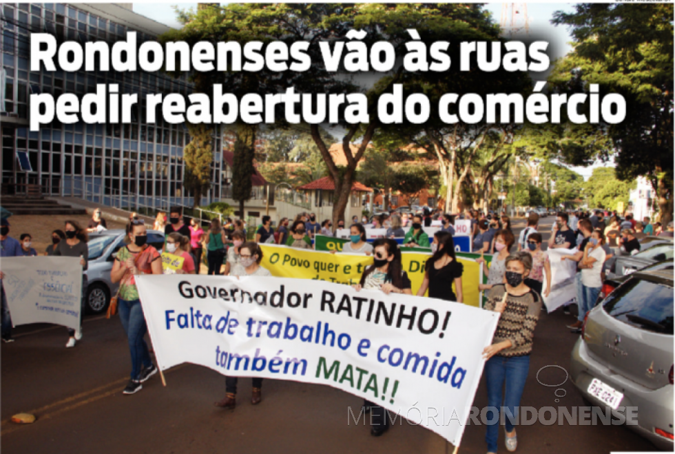 || Recorte do jornal O Presente (capa ed.07.07.2020), com imagem do protesto em frente à Prefeitura Municipal de Marechal Cândido Rondon, contra o decreto governamental de restrição de funcionamento do comércio, em julho de 2020.
Imagem: Acervo O Presente - Crédito: Sandro Mesquita - FOTO 20 -