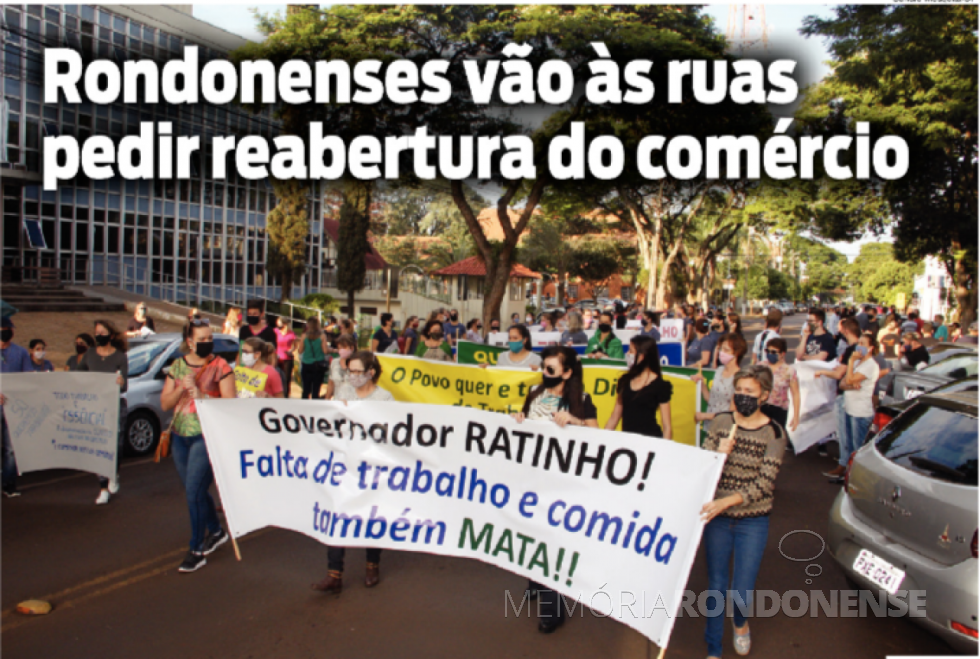 || Recorte do jornal O Presente (capa ed.07.07.2020), com imagem do protesto em frente à Prefeitura Municipal de Marechal Cândido Rondon, contra o decreto governamental de restrição de funcionamento do comércio.
Imagem: Acervo O Presente - Crédito: Sandro Mesquita - FOTO 16 -