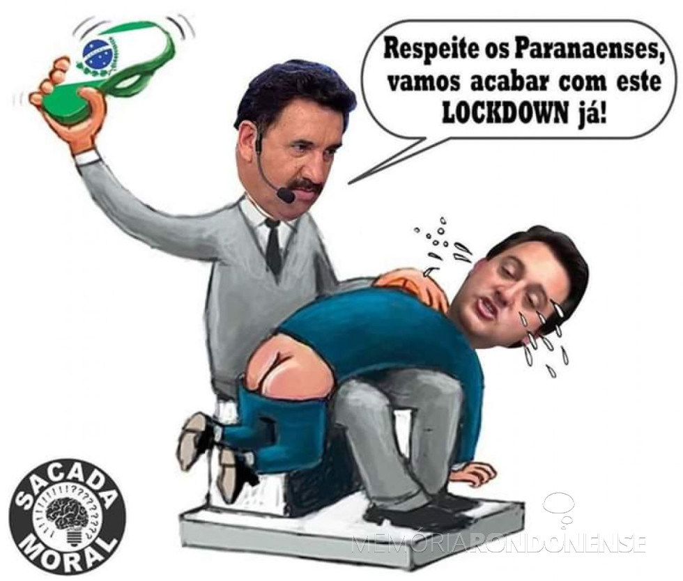 || Sátira criada contra o decreto nº 4.942/20, o governador Ratinho Júnior levando chinelada de seu pai.
Imagem: Postada nao Facebook - FOTO 29 -