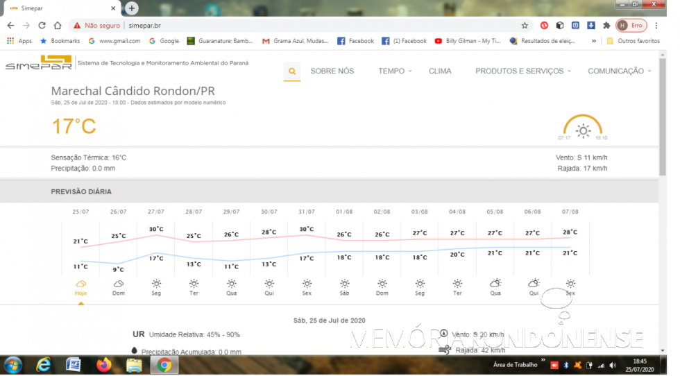 || Oscilação térmica em Marechal Cândido Rondon no dia 25 de julho de 2020.
Imagem: Acervo Serviço Metereológico do Paraná (SIMEPAR) - FOTO 42 -