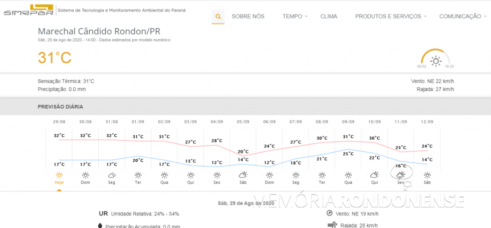 || Boletim metereológico do Sistema de Tecnologia e Monitoramento Ambiental do Paraná (SIMEPAR) com as previsões de temperaturas para Marechal Cândido Rondon, em 29 de agosto de 2020 e dias supervenientes.
Imagem: Acervo Simepar - FOTO 15 --