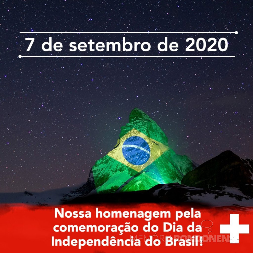|| Homenagem do governo suiço ao Brasil por sua data de Independência, através de sua representação diplomática no Brasil, em sua página no Facebook. 
A bandeira brasileira foi refletida, por sinal luminoso, contra a montanha Matterhorn, uma das maiores atrações turísticas do país europeu.
Imagem: Acervo Suiça no Brasil - FOTO 26 -