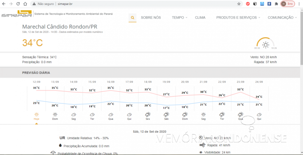 || Boletim metereológico do Sistema de Metereologia do Paraná para o dia 12 de setembro de 2020 e dias subquentes.
Imagem: Acervo Simepar - FOTO 14 - 