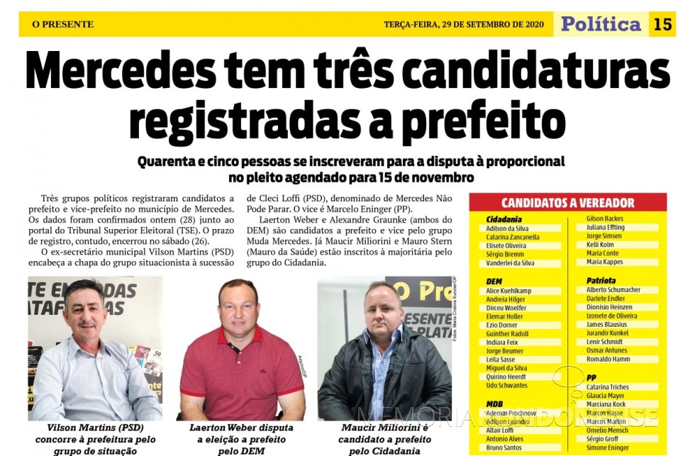 || Rol de candidaturas do município de Mercedes para às eleições municipais de 2020.
Imagem: Acervo O Presente - FOTO 19 - 