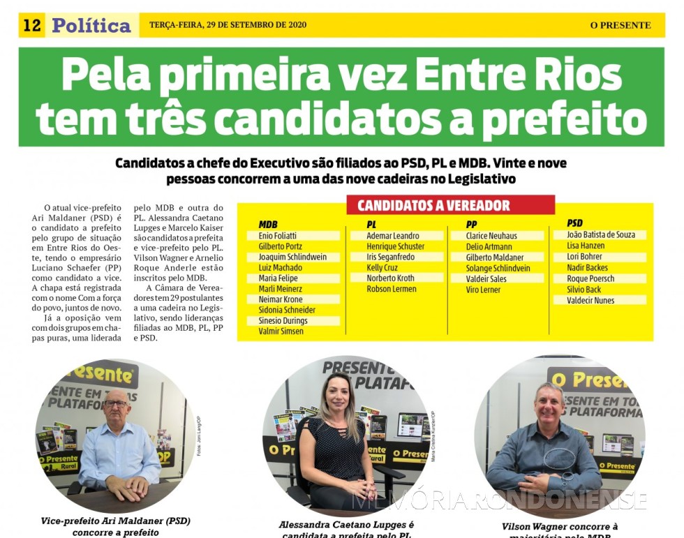 || Lista nominativa de candidatos da cidade de Entre Rios do Oeste .
Imagem: Acervo O Presente - FOTO 20 - 