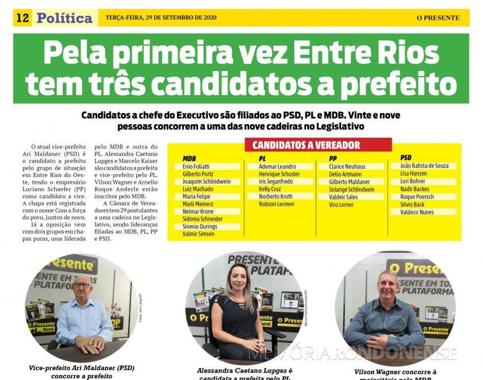|| Lista nominativa de candidatos da cidade de Entre Rios do Oeste .
Imagem: Acervo O Presente - FOTO 21 -