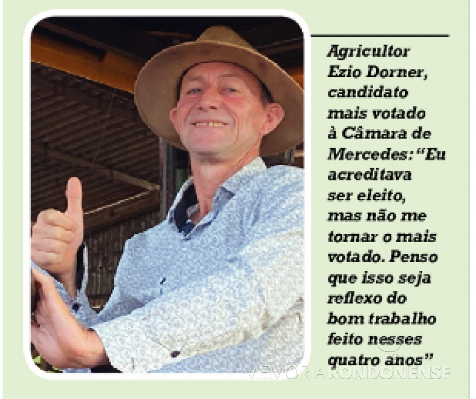 || Agricultor Ezio Dorner - candidato mais votado à Edilidade da cidade de Mercedes, em 2020.
Imagem: Acervo O Presente - FOTO 63
 - 