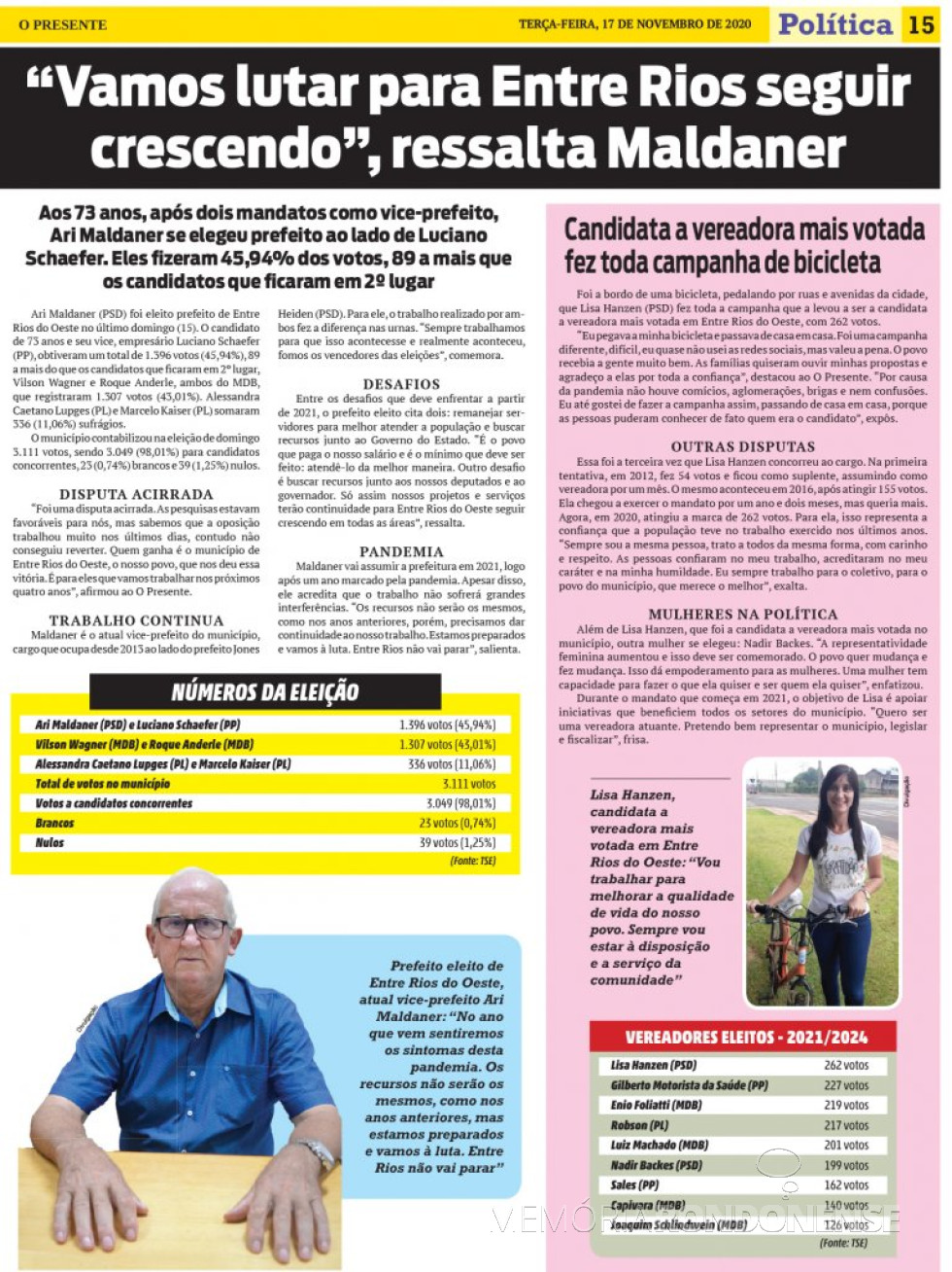 || Destaque com Prefeito reeleito do município de Entre Rios do Oeste, paralelo a lista do vereadores eleitos e a candidata mais votada.
Imagem: Acervo O Presente - FOTO 29 -