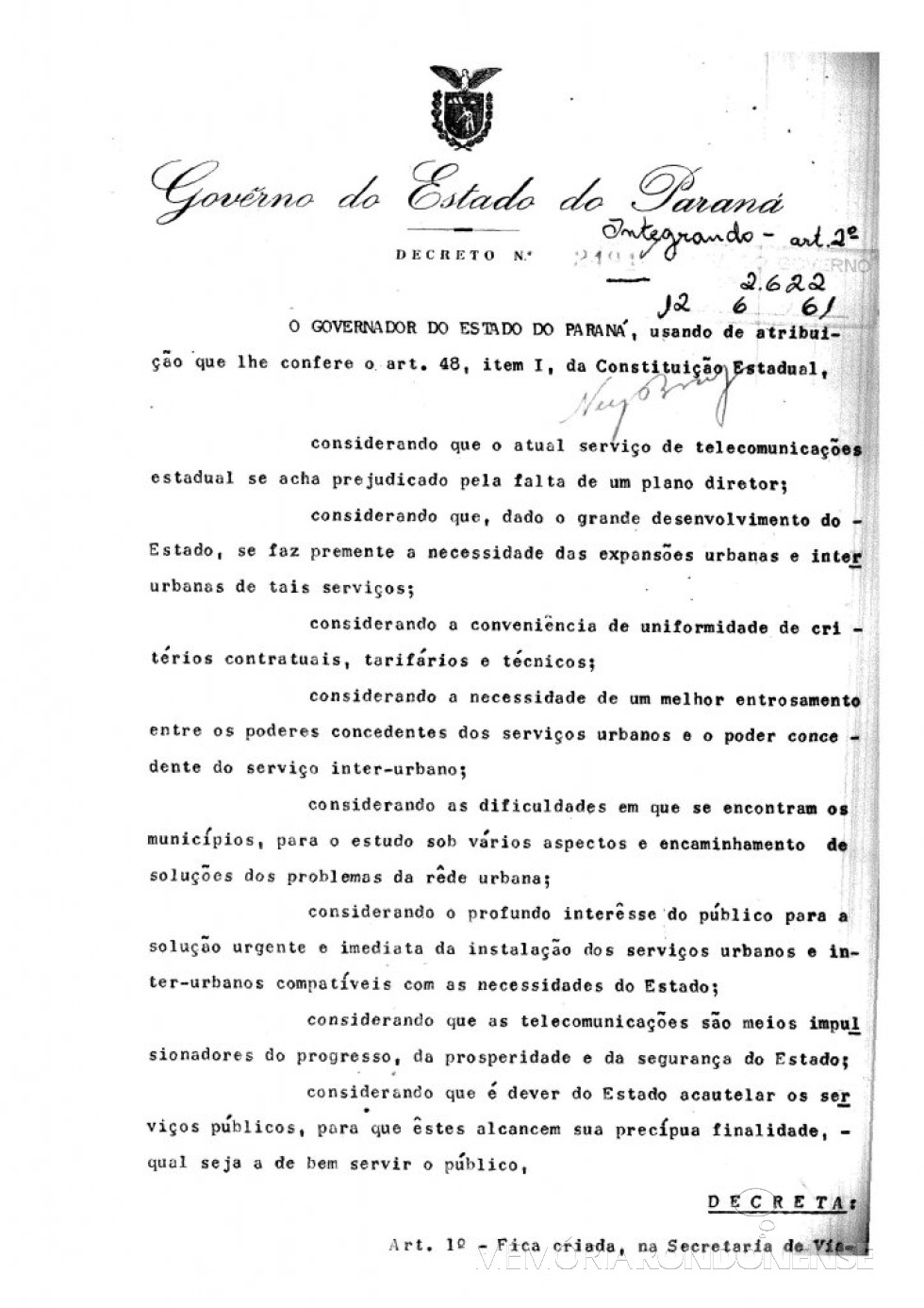 || Página inicial do Decreto nº 2494, que criou a Comissão Estadual de Telecomunicações.
Imagem: Acervo Aqrquivo Público do Paraná - FOTO 6  -