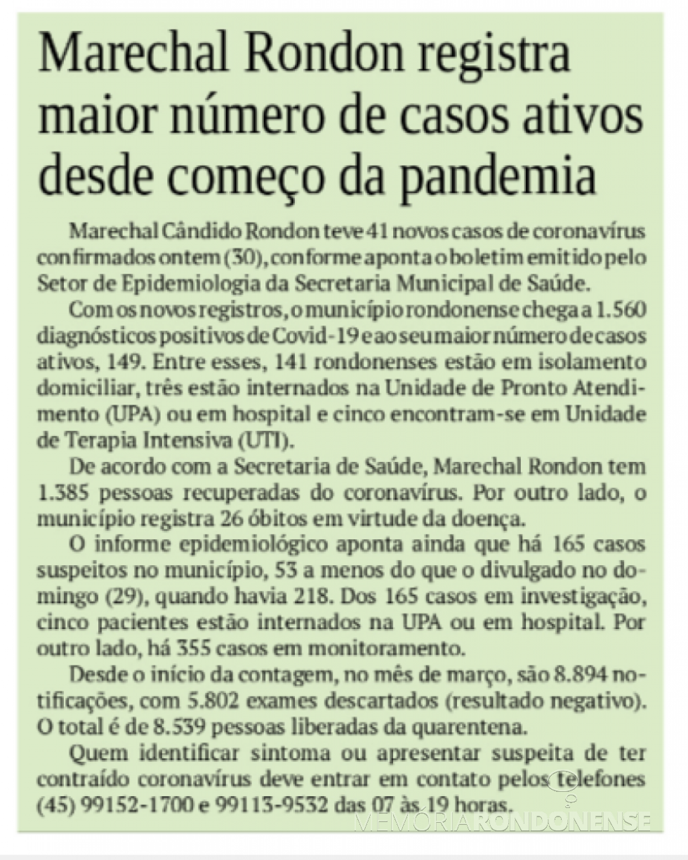 || Destaque do jornal rondonense O Presente sobre a pandemia da COVID 19, em Marechal Cândido Rondon. 
Imagem: Acervo do onformativo - FOTO 18 -
