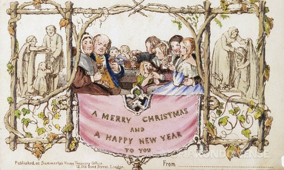 || Primeiro cartão natalino do mundo produzido pelo artista inglês John Callicor Housley, em 1843.
Imagem: Acervo Domínio Público - FOTO 4 -