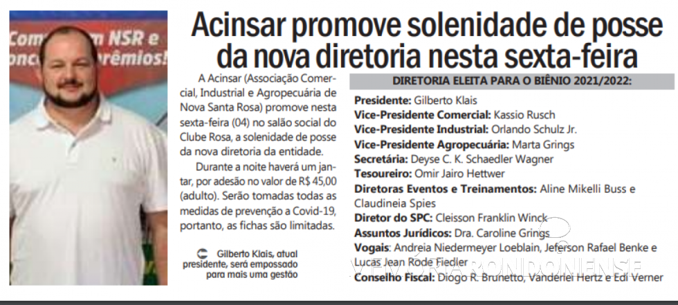 || Posse da diretoria biênio 2021/2022 da Acinsar, em dezembro de 2020.
Imagem: Acervo Tribunal do Oeste - FOTO 20 -