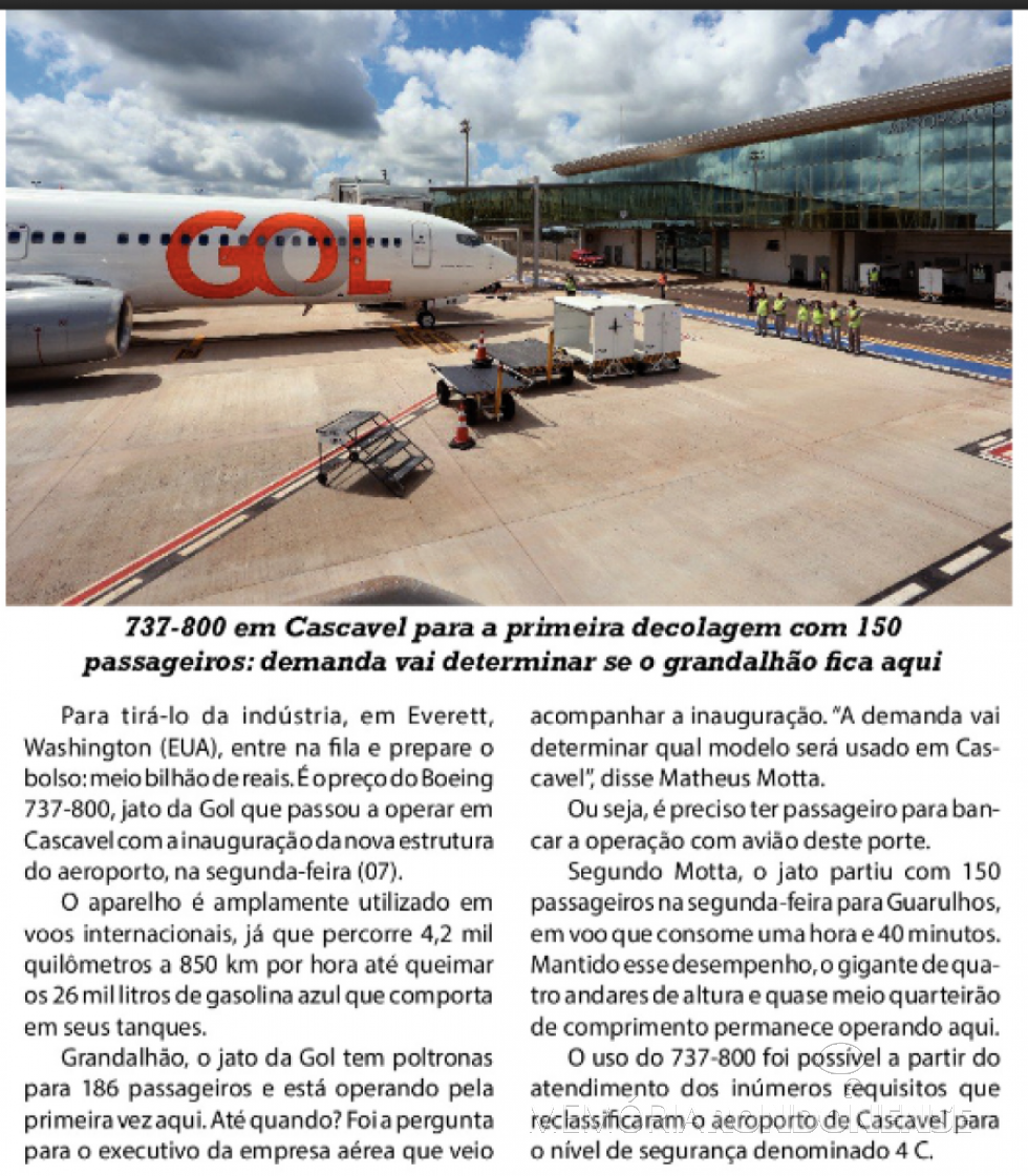 || Destaque do jornal O Presente ref. o pouso do Boeing 737-800, no Aeroporto de Cascavel, em dezembro de 2020.
Imagem: Acervo O Presente -  FOTO 21 -