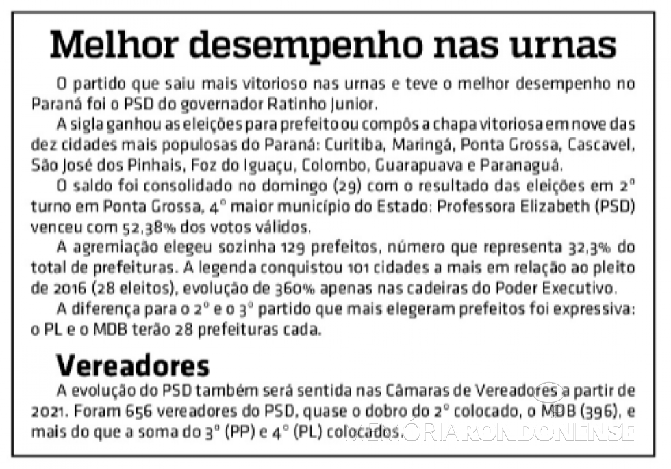 || Nota informativa do jornal rondonense O Presente sobre o desempenho do PSD nas eleições de novembro de 2020.
Imagem: Acervo do informativo - FOTO 29 -