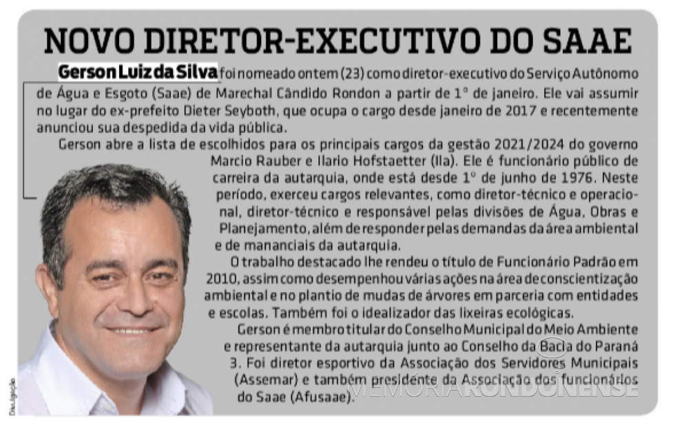 || Destaque do jornal rondonense O Presente sobre a nomeação do novo diretor-executivo do SAAE de Marechal Cândido Rondon.
Imagem: Acervo O Presente - FOTO 11-