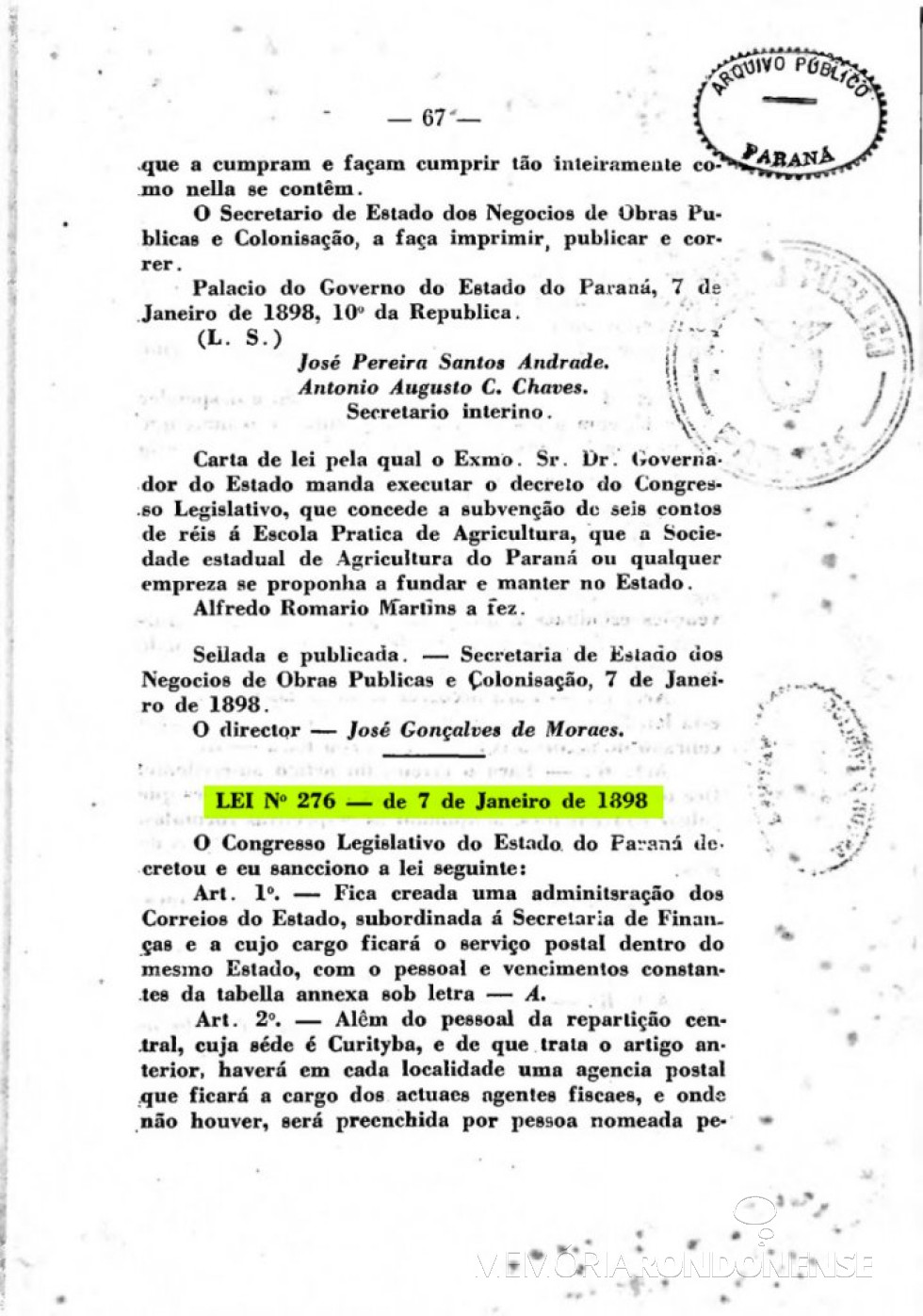 || Página 1 da publicação da Lei nº 276/1898, que criou a Administração dos Correios no Paraná.
Imagem: Acervo Arquivo Público do Paraná - FOTO 2 -