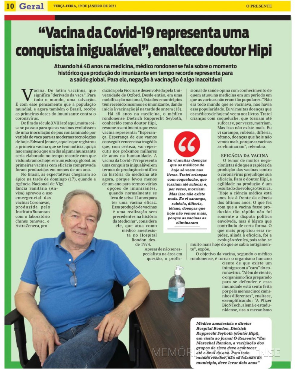 || Página inicial da entrevista do médico rondonense Dietrich Rupprecht Seyboth (Dr. Hippi) ao jornal rondonense O Presente, em janeiro de 2021.
Imagem: Acervo do periódico - FOTO 13 -