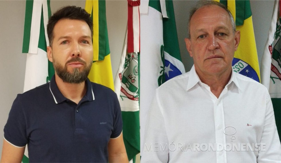 || Diogo Schneider (Bolha) e vereador Valdir Port (D), nomeados secretários municipais da Prefeitura Municipal de Marechal Cândido Rondon, em janeiro de 2021.
Imagem: Acervo Imprensa MCR - FOTO 8 -
