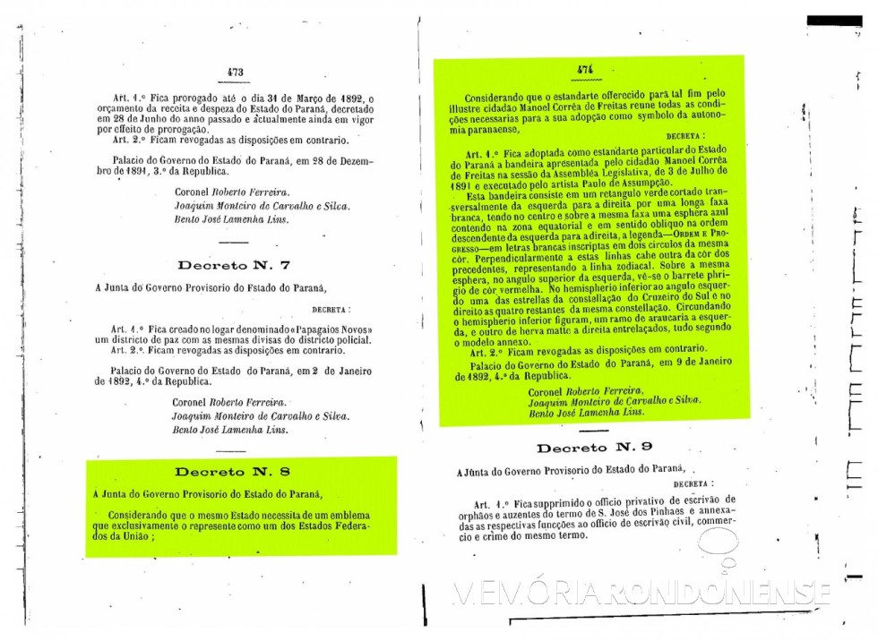 || Cópia do Decreto nº 08/1892 que criou a Bandeira do Paraná.
Imagem: Acervo Arquivo Público do Paraná - FOTO 4 - 