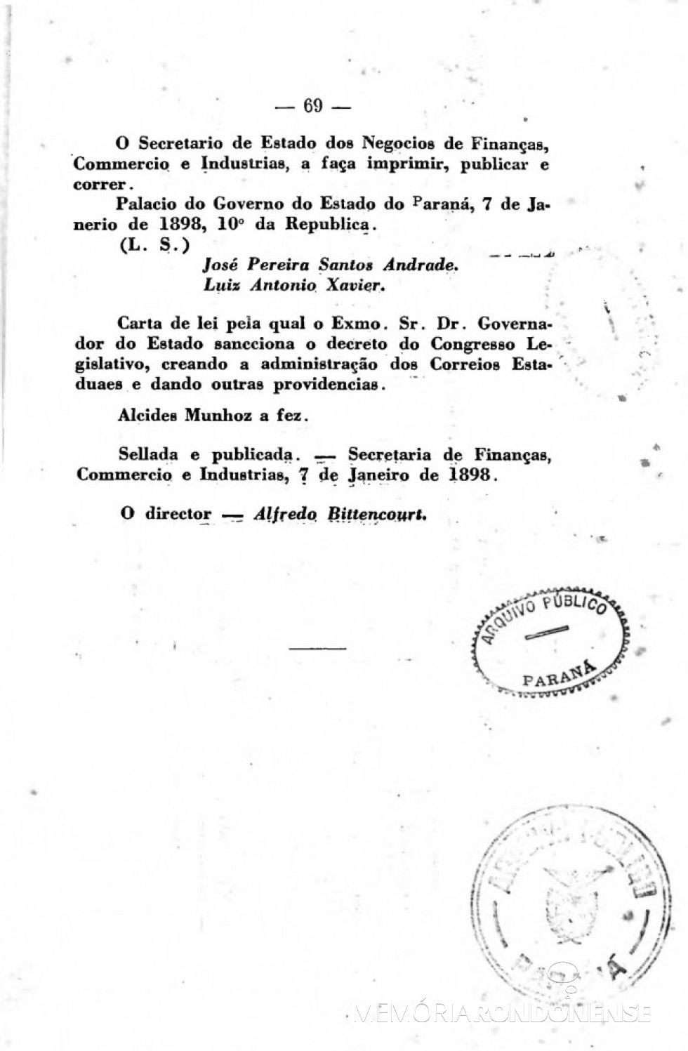 || Página 3 da publicação da Lei nº 276/1898.
Imagem: Acervo Arquivo Público do Paraná - FOTO 4 -