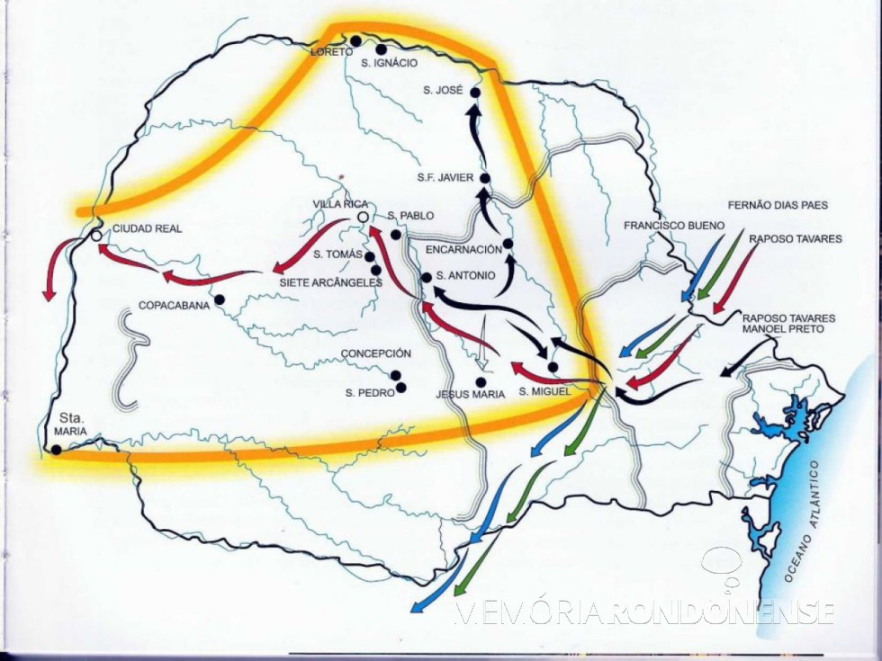 || Mapa atual do Paraná com destaque da antiga província espanhola do Guairá e a identificação das reduções jesuíticas.
Imagem: Acervo PretoeBranco - FOTO 2 -