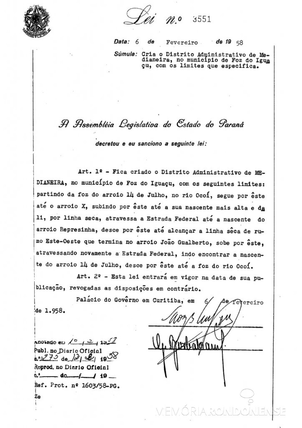 || Cópia da Lei nº 3.331/19 que criou o distrito administrativo de Medianeira.
Imagem: Acervo Arquivo Público do Paraná - FOTO 3 -
