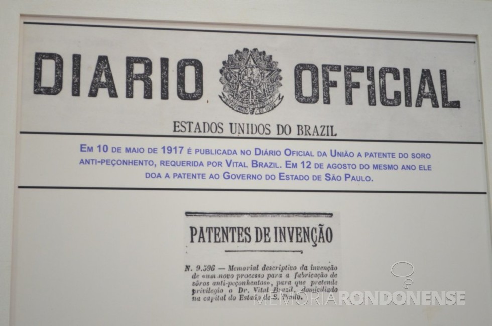 || Registro da patente de descoberta concedida a Vital Brazil e anotação da doação ao Governo de São Paulo.
Imagem: G1 Globo - FOTO 2 -