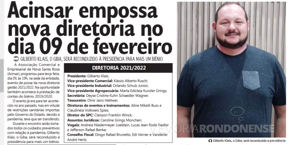 || Destaque do jornal rondonense Tribuna do Oeste sobre a posse da nova diretoria da Acinsar, em fevereiro de 2021.
Imagem: Acervo do periódico - FOTO 14 - 