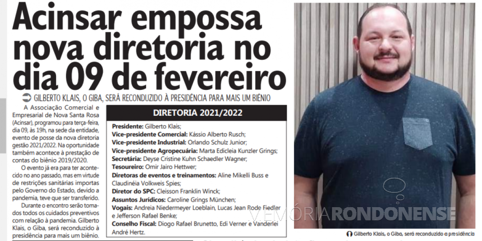 || Destaque do jornal rondonense Tribuna do Oeste sobre a posse da nova diretoria da Acinsar, em fevereiro de 2021.
Imagem: Acervo do periódico - FOTO 13 -