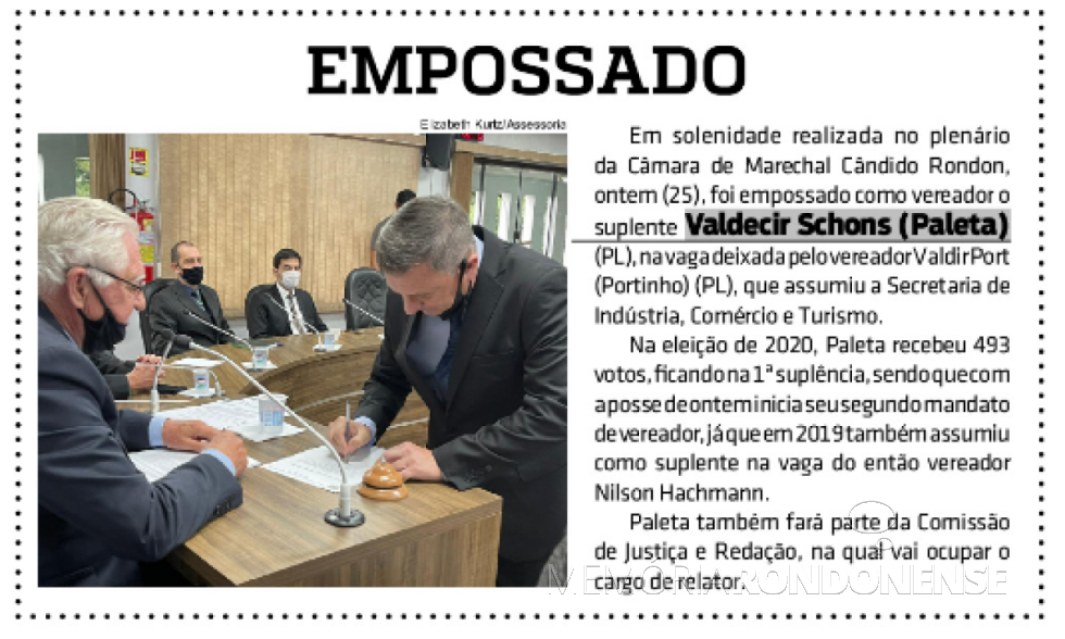 || Destaque do jornal rondonense O Presente sobre a posse do suplente de vereador, Valdecir Schons (Paleta).
Imagem: Acervo do informativo - FOTO 18 - 