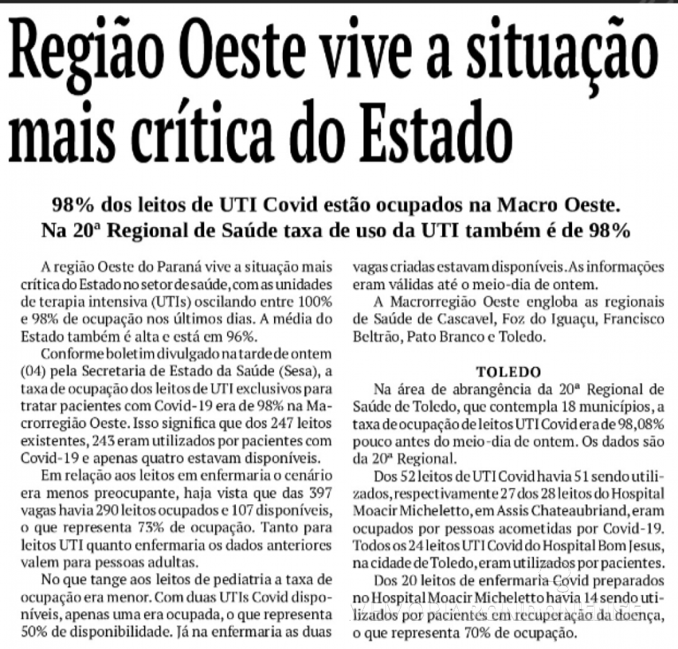 || Recorte do jornal O Presente ref. a ocupação das UTIS exclusivas para COVID 19, em março de 2021.
Imagem: Acervo O Presente - FOTO  16 -